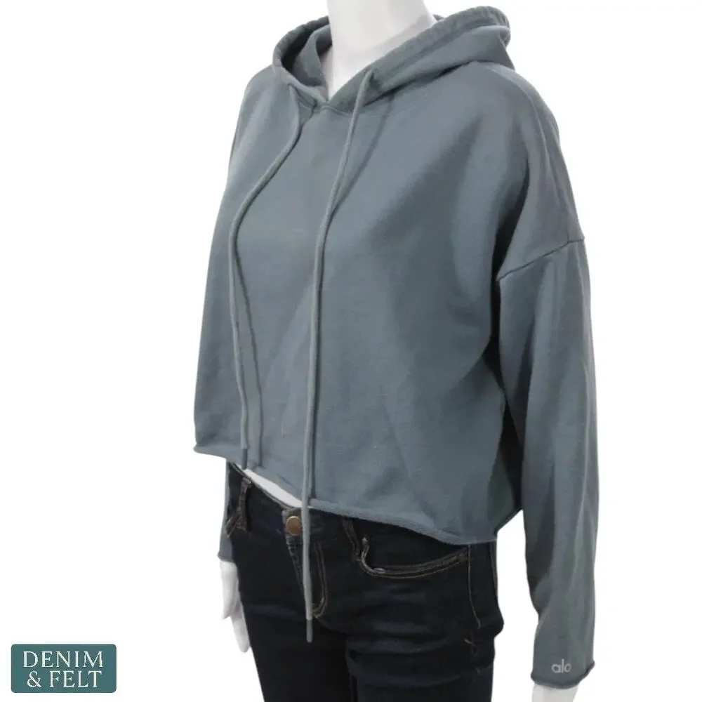 Alo Yoga Cropped Hoodie Blue Gray Drawstring Athleisure Lounge‎ Sweatshirt Cozy